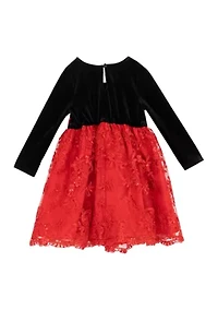 Toddler Girls Long Sleeve Velvet Bodice Dress with Bow