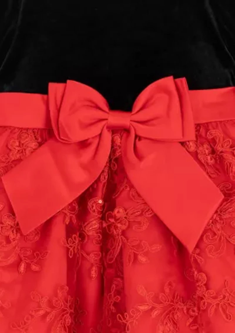 Toddler Girls Long Sleeve Velvet Bodice Dress with Bow