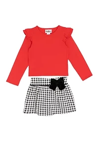 Toddler Girls Solid Knit Top with Houndstooth Skirt Set