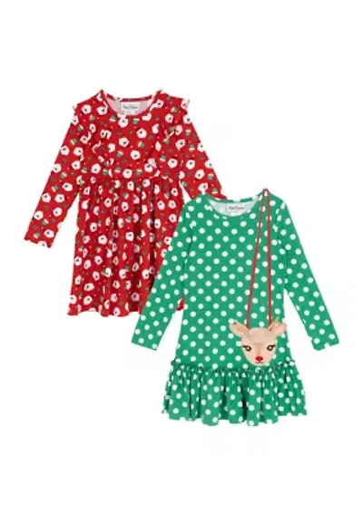 Toddler Girls Dot and Santa Print Dress Set