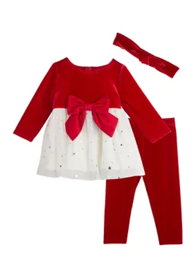 Baby Girls Stretch Velvet Foil Printed Top and Leggings Set