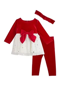Baby Girls Stretch Velvet Foil Printed Top and Leggings Set
