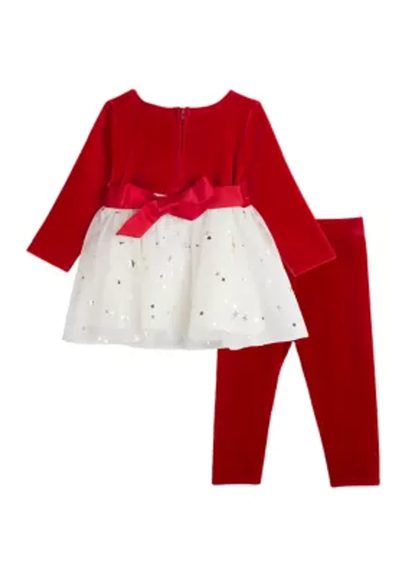 Baby Girls Stretch Velvet Foil Printed Top and Leggings Set