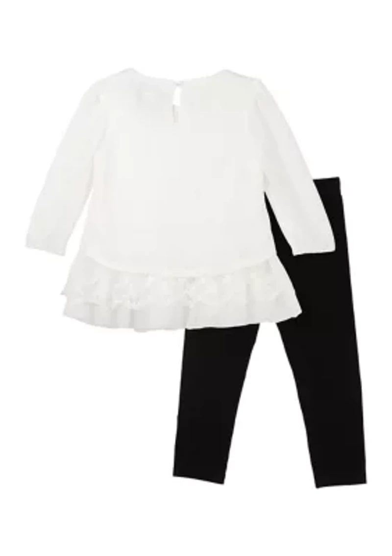 Baby Girls Hacci Knit Crochet Lace Top with Leggings