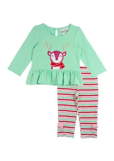 Baby Girls Reindeer Appliqué Top and Printed Leggings Set
