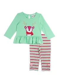 Baby Girls Reindeer Appliqué Top and Printed Leggings Set