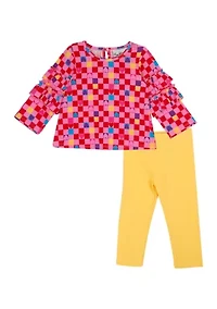 Baby Girls Ruffle Check Printed Top and Solid Leggings Set