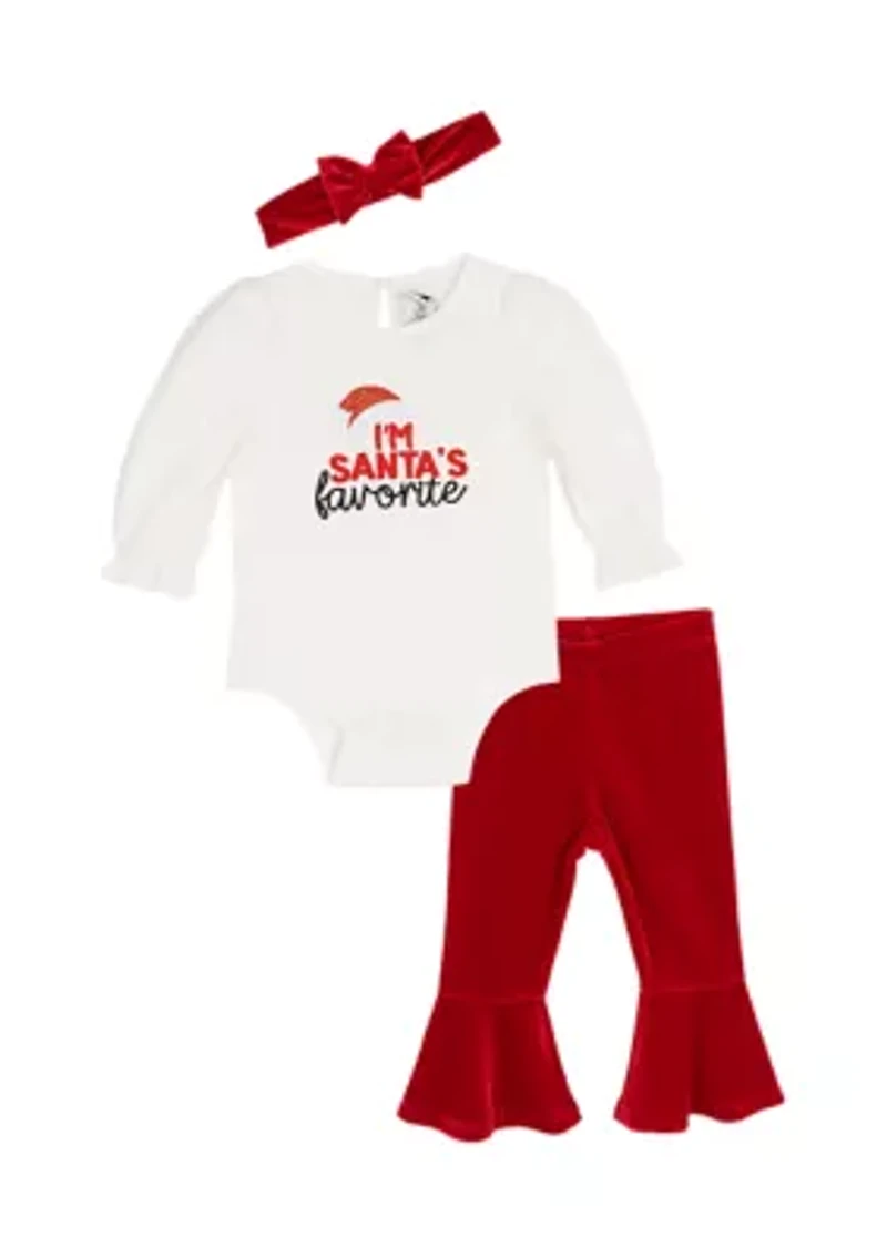 Baby Girls Rib Knit Santa's Favorite Bodysuit, Bell Bottom Legging and Headband Set