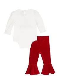Baby Girls Rib Knit Santa's Favorite Bodysuit, Bell Bottom Legging and Headband Set