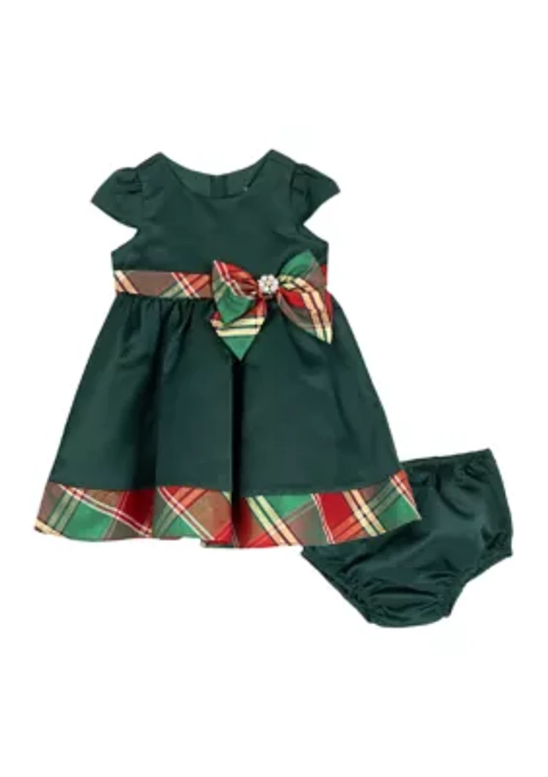Baby Girls Solid Dress with Plaid Trim and Matching Bloomer