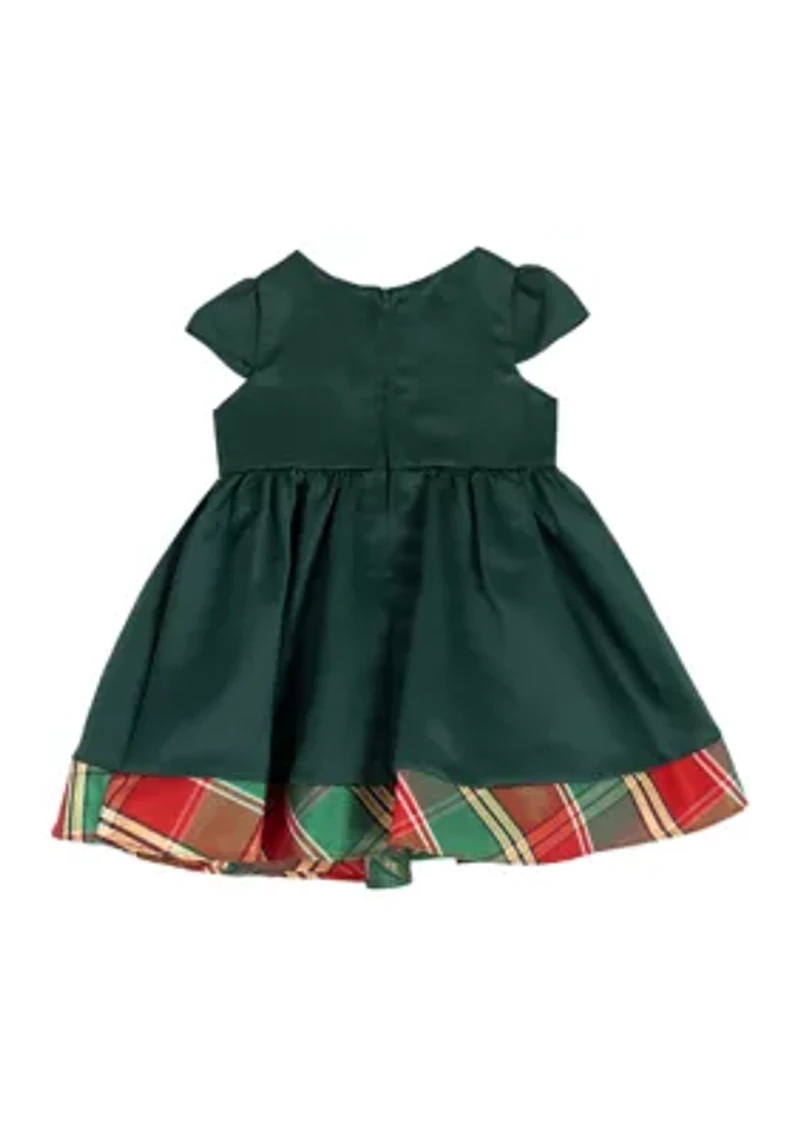 Baby Girls Solid Dress with Plaid Trim and Matching Bloomer