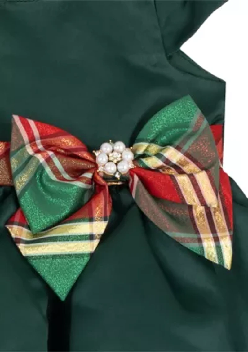 Baby Girls Solid Dress with Plaid Trim and Matching Bloomer