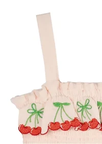 Pink Gauze Cherry Embroidered Smocked Dress