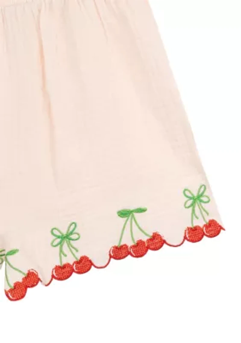 Pink Gauze Cherry Embroidered Smocked Dress