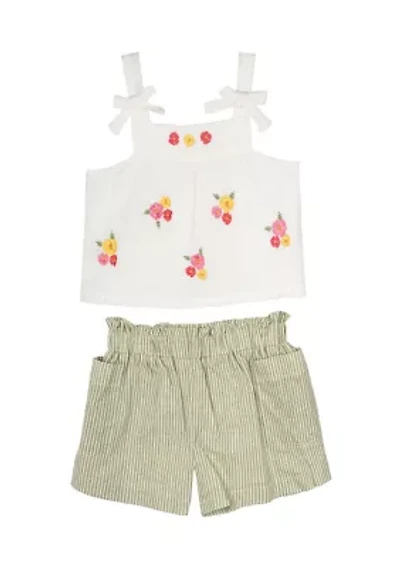 Toddler Girls Embroidered Top with Linen Shorts