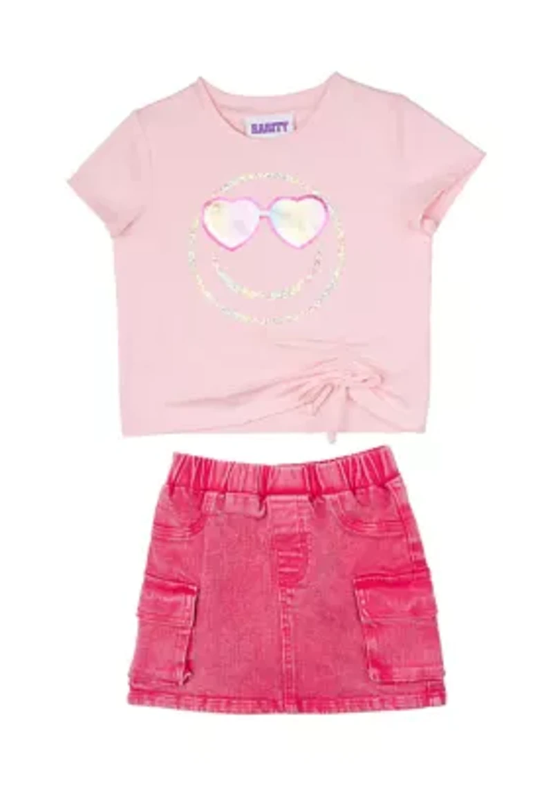 Toddler Girls Smiley Graphic T-Shirt and Denim Skirt Set