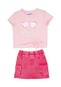 Toddler Girls Smiley Graphic T-Shirt and Denim Skirt Set