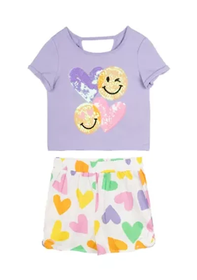 Toddler Girls Happy Face Graphic T-Shirt and Printed Shorts Set