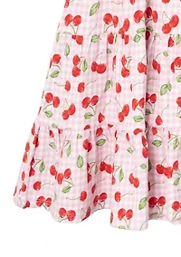 Toddler Girls Cherry Check Printed Dress