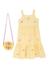 Toddler Girls Yellow Checkered Lemon Embroidered Dress