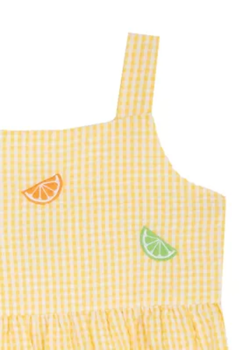 Toddler Girls Yellow Checkered Lemon Embroidered Dress