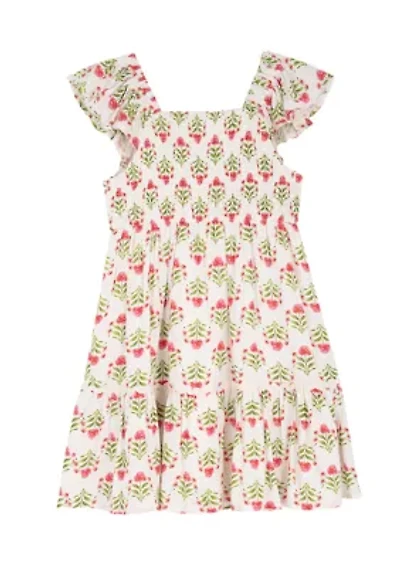 Toddler Girls Block Print Smocked Tie Dress