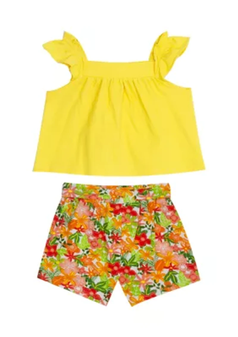 Baby Girls Flutter Sleeve Top and Printed Shorts Set