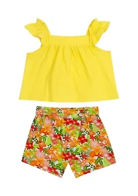 Baby Girls Flutter Sleeve Top and Printed Shorts Set