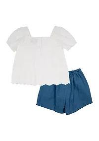Baby Girls Solid Top and Ruffle Denim Shorts Set
