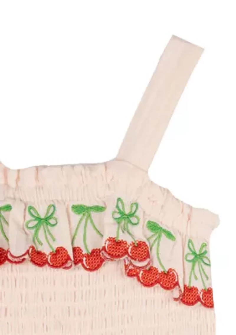 Baby Girls Gauze Knit Cherry Embroidered Romper