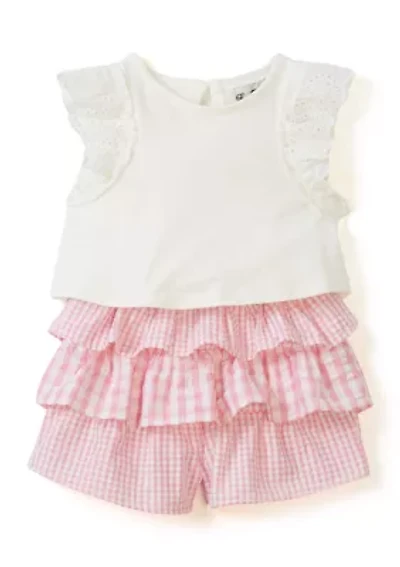 Baby Girls Knit Top with Seersucker Shorts Set