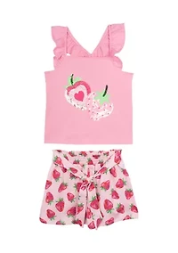 Baby Girls Graphic T-Shirt and Strawberry Printed Shorts Set