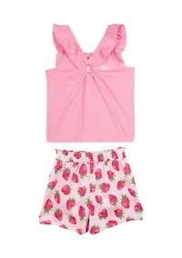 Baby Girls Graphic T-Shirt and Strawberry Printed Shorts Set