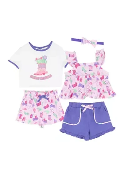 Baby Girls Cowboy Print Shirts and Shorts Set with Headband