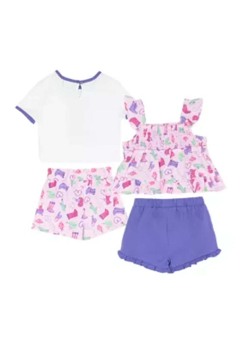 Baby Girls Cowboy Print Shirts and Shorts Set with Headband
