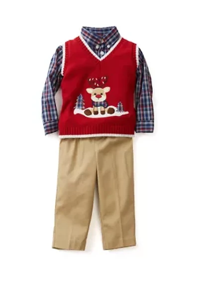 Baby Boys Reindeer Scene Twill Sweater Vest Set