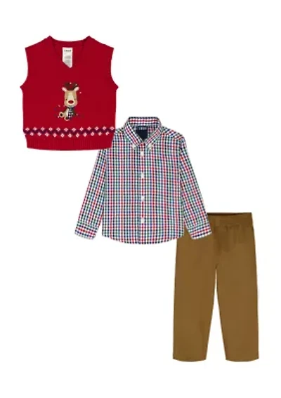 Baby Boys Holiday Reindeer with Twill Sweater Vest Set