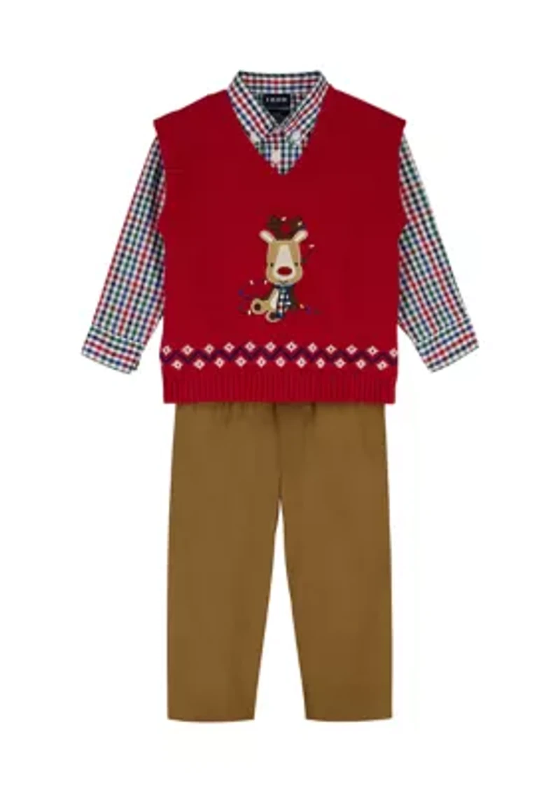 Baby Boys Holiday Reindeer with Twill Sweater Vest Set