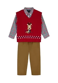 Baby Boys Holiday Reindeer with Twill Sweater Vest Set