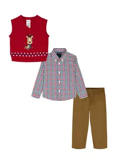 Toddler Boys Holiday Reindeer with Twill Sweater Vest Set