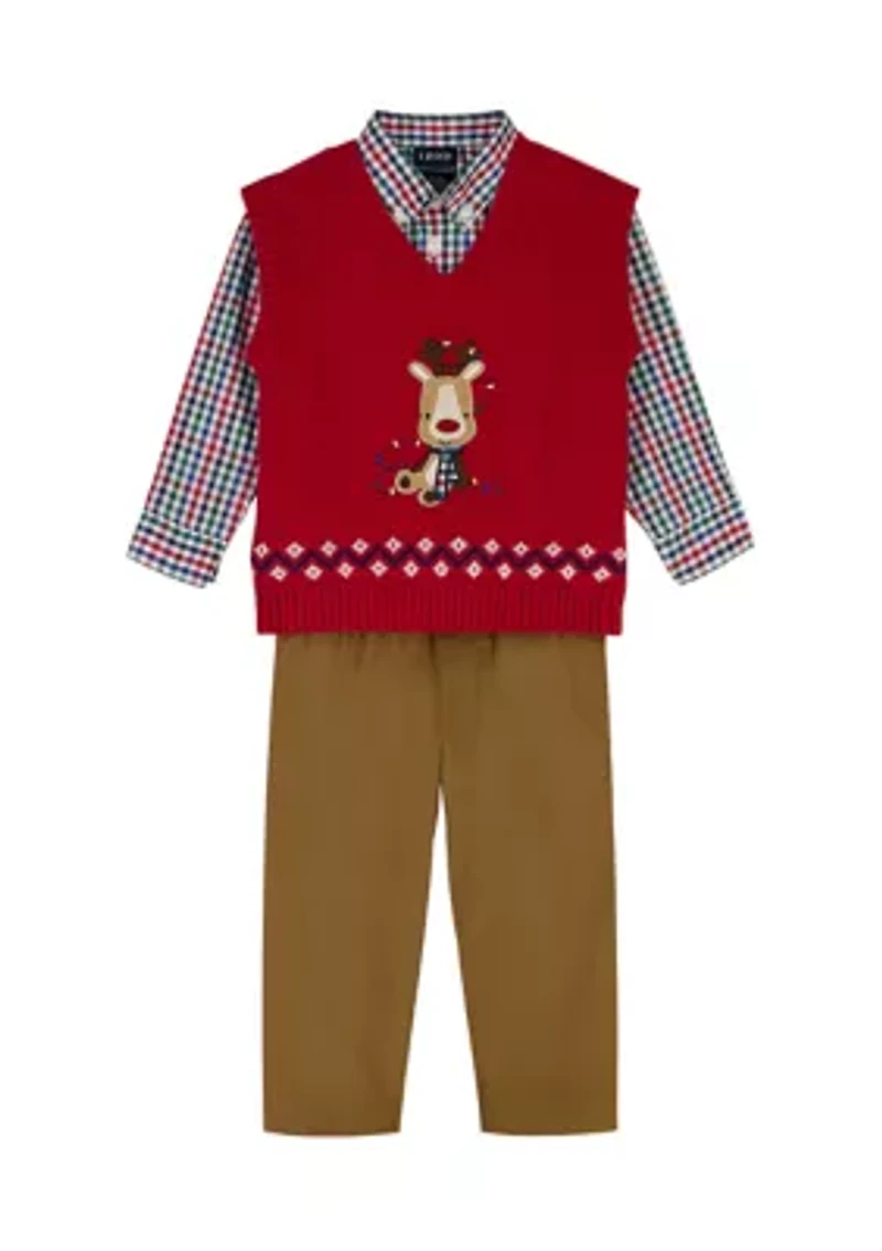 Toddler Boys Holiday Reindeer with Twill Sweater Vest Set