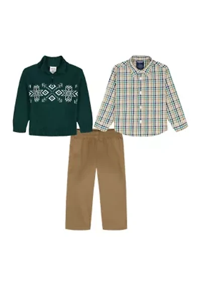 Baby Boys Snowflake 1/4 Zip Sweater, Twill Shirt and Pants Set