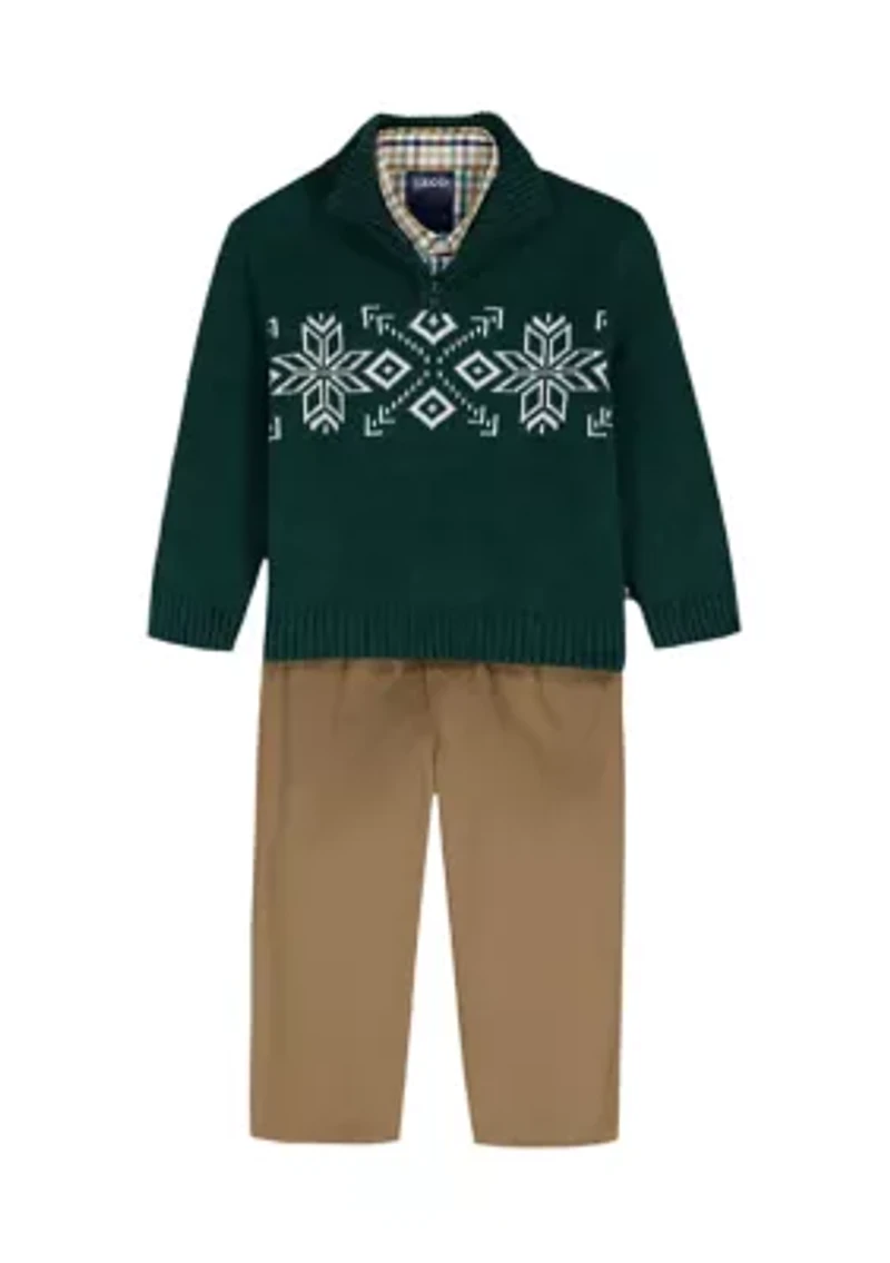 Baby Boys Snowflake 1/4 Zip Sweater, Twill Shirt and Pants Set