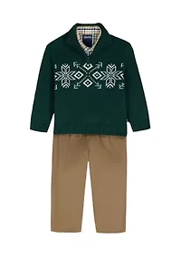 Baby Boys Snowflake 1/4 Zip Sweater, Twill Shirt and Pants Set