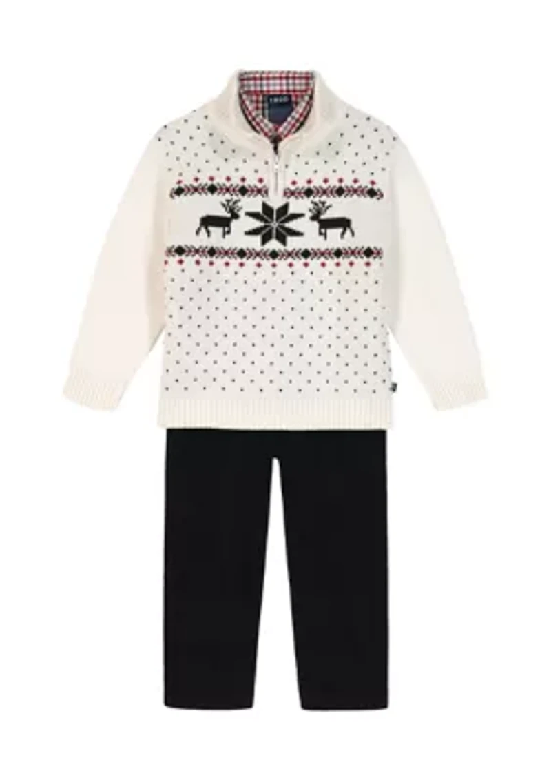 Baby Boys Reindeer Fairisle 1/4 Zip with Cord Sweater Set