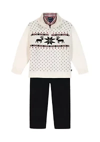 Baby Boys Reindeer Fairisle 1/4 Zip with Cord Sweater Set