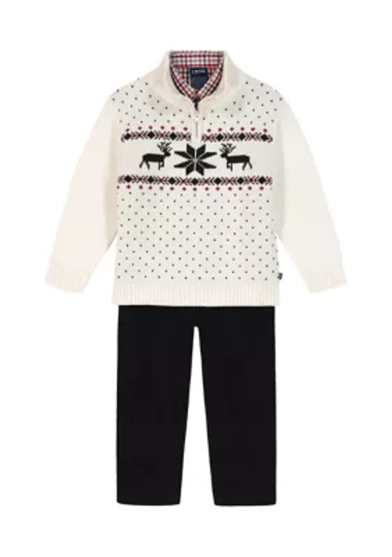 Toddler Boys Reindeer Fairisle 1/4 Zip with Cord Sweater Set