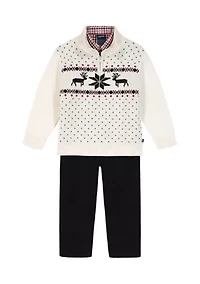 Toddler Boys Reindeer Fairisle 1/4 Zip with Cord Sweater Set