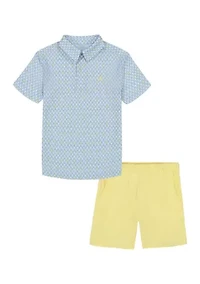 Baby Boys Short Sleeve Fish Print Performance Polo Shirt and Shorts Set