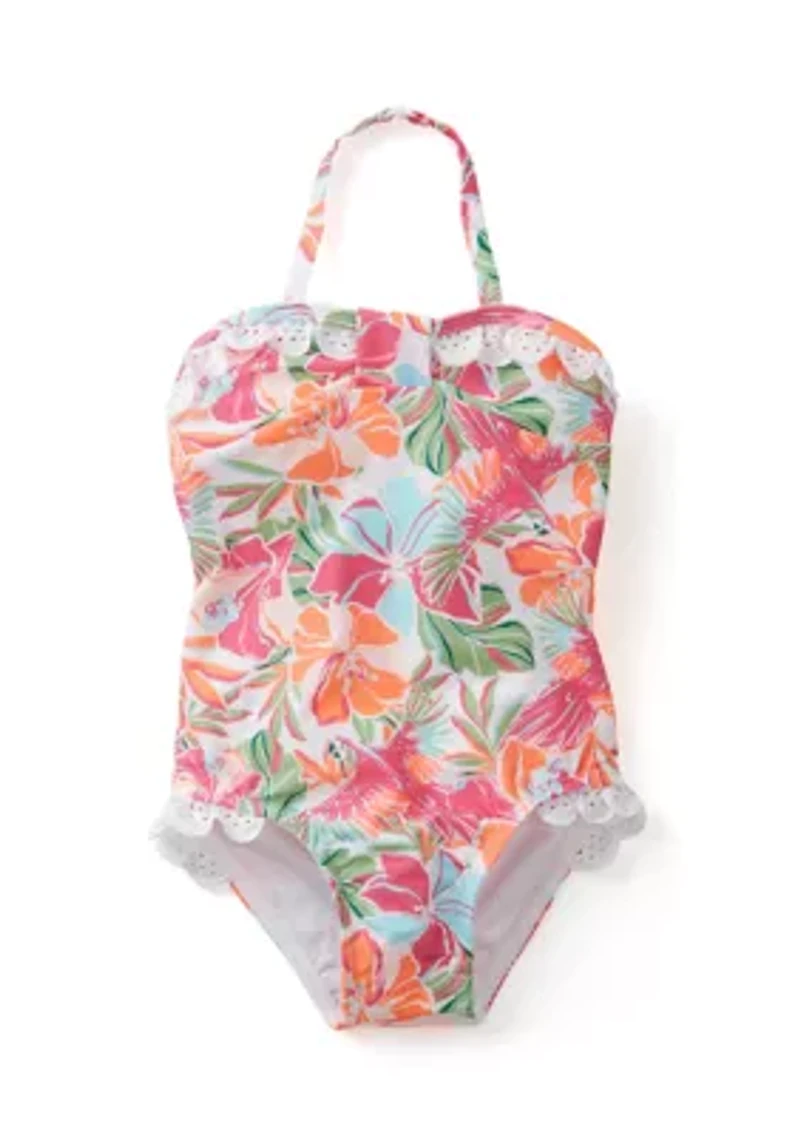 Baby Girls Tropical Eyelet Trim One Piece Swimsuit